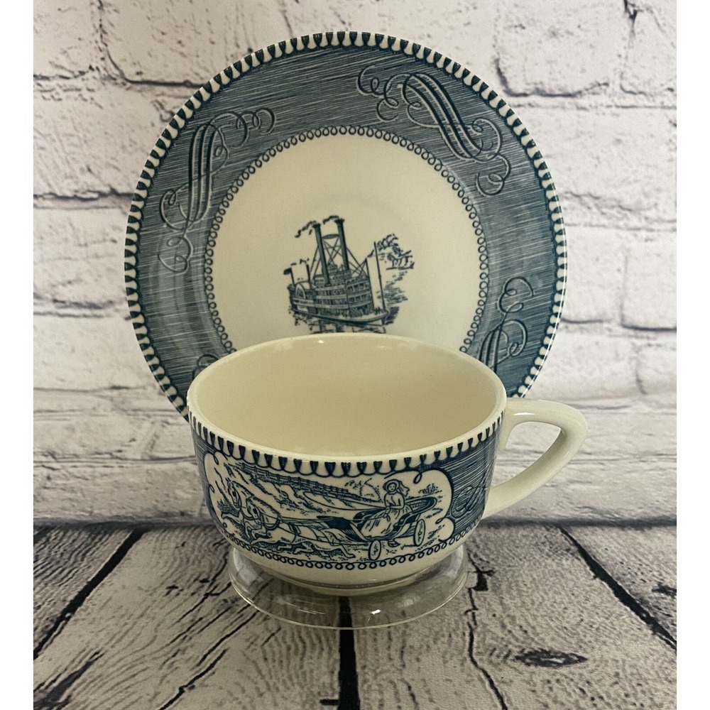 Vtg Currier And Ives Cup And Saucer -‎ Steamboat - Horse - Carriage - Farmhouse